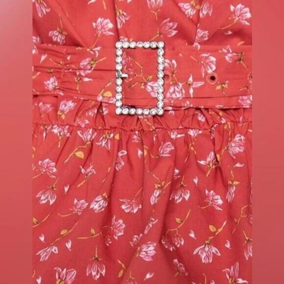 ZARA Red Floral Print Top Blouse With Belt Puff Shoulder Size XL - Picture 6 of 13